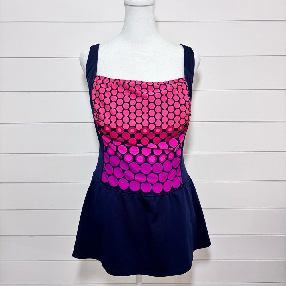 Beach‎ Party Skirted One Piece Swimsuit Womens Size 14 Navy Blue Pink Purple